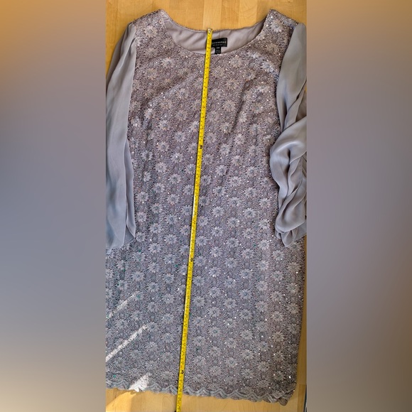 Macy’s Connected Dress 20W Rosegold Gray Sequin Lace Overlay Stretch Cape Sleeve - Picture 8 of 10